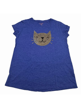Cat & Jack Girls Blue Reversible Sequin Cat Face Graphic T-Shirt XL 14/16